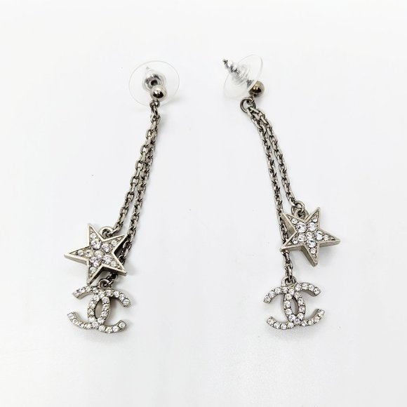 CHANEL Long Dangle Stars Crystals Rhinestones CC Chain Earrings - Picture 4 of 8